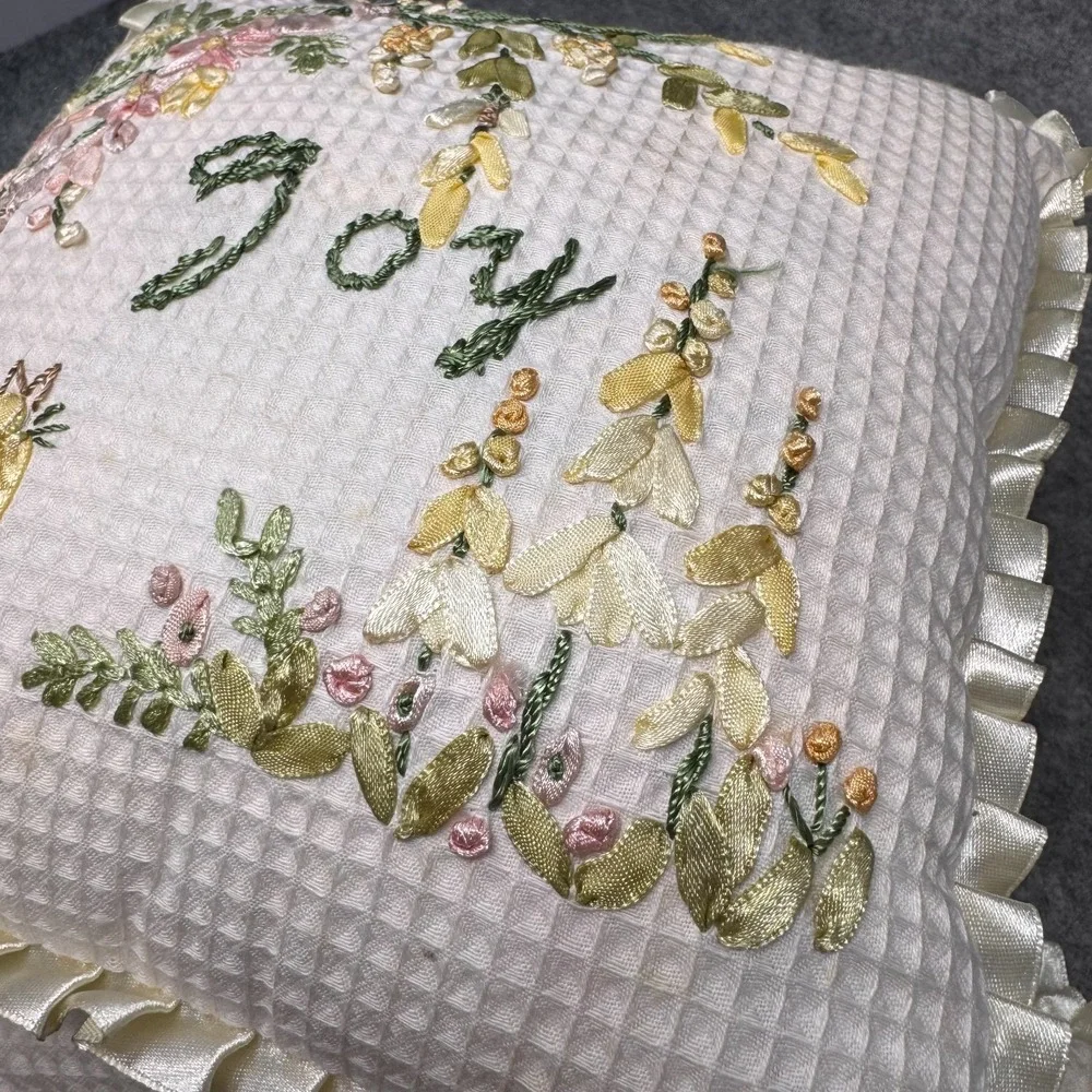Vtg Joy + Peace Pillows Waffle Knit Floral‎ Embroidery 9x9 Satin Trim Stitching